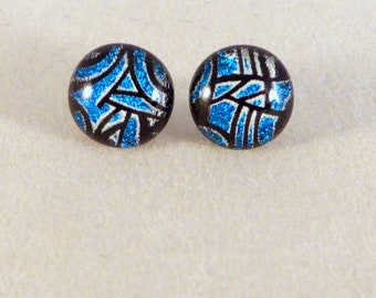 Blue & Black Dichroic Fused Glass Stud Earrings, Hypoallergenic Posts