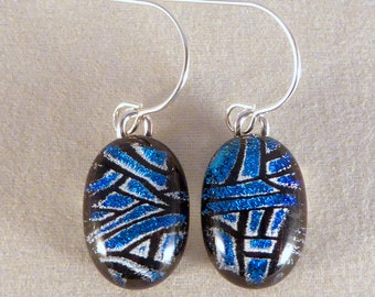Blue & Black Dichroic Fused Glass Dangle Earrings