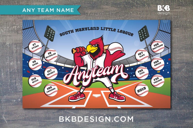 Pu&ograve; includere: Un tabellone di roster di una squadra di baseball con una mascotte di cardinale dei cartoni animati che tiene una mazza e una palla da baseball. Il tabellone ha uno sfondo di campo da baseball blu e bianco con il nome della squadra "Anyteam" e il testo "South Maryland Little League". Il tabellone contiene anche un elenco di nomi e numeri dei giocatori.