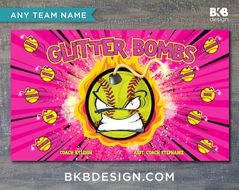 Custom Vinyl Softball Banner, Little League Banner, T-Ball Banner, Softball Banner, Team Banner - Glitter Bomb, Blast, Boom
