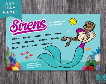 Custom Vinyl Softball Banner, Little League Banner, T-Ball Banner, Baseball Banner, Team Banner - Sirens, Mermaid