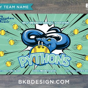 May include: A green and blue softball team banner with the words "Pythons" in a large font. The banner features a cartoon snake with a softball in its mouth. The team name is "Stryker Fuels" and the team is from West University Softball Association.