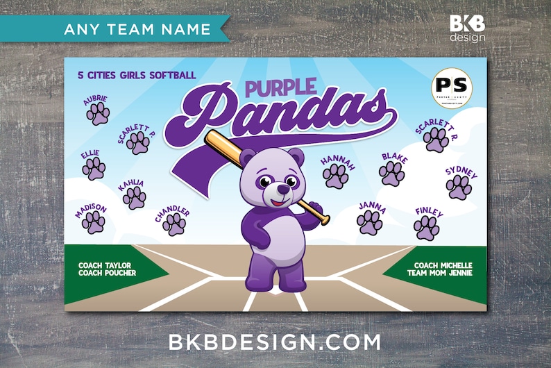Custom Vinyl Baseball Banner, Little League Banner, T-Ball Banner, Softball Banner, Team Banner Panda, Bears imagem 2