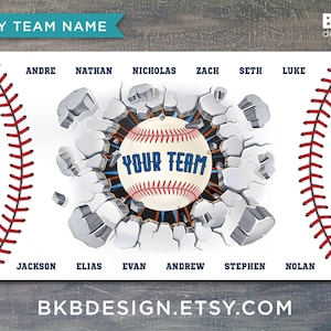 May include: A white baseball with red stitching breaks through a gray concrete wall. The baseball has the words "YOUR TEAM" written on it. The background is a white baseball field with red stitching around the edges. The text "ANY TEAM NAME" is at the top of the image. The text "BKBDESIGN.ETSY.COM" is at the bottom of the image.