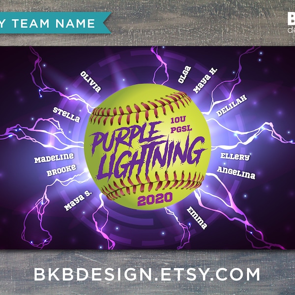 Custom Vinyl Softball Banner, Little League Banner, T-Ball Banner, Softball Banner, Team Banner - Thunder, Lightning, Purple