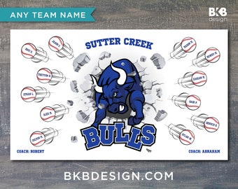 Custom Vinyl Baseball Banner, Little League Banner, T-Ball Banner, Softball Banner, Team Banner -- Bulls