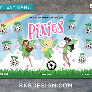 May include: A soccer team roster template featuring three fairies with green wings and pink flowers. The team name is "Pixies" and the league is "Santa Clara Youth Soccer League".