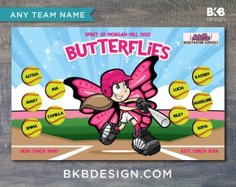 Custom Vinyl Softball Banner, Little League Banner, T-Ball Banner, Softball Banner, Team Banner - Butterflies