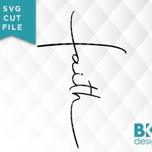 May include: Black and white graphic design of a cross with the word "faith" written vertically inside the cross.