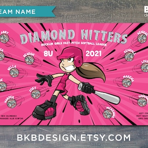 May include: Pink and white softball team roster sign with a cartoon girl softball player swinging a bat. The sign says "Diamond Hitters" and "Rocklin Girls Fast Pitch Softball League".