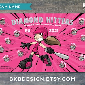 Custom Vinyl Softball Banner, Little League Banner, T-Ball Banner, Softball Banner, Team Banner Diamond Hitters image 1