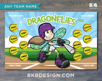 Custom Vinyl Softball Banner, Little League Banner, T-Ball Banner, Softball Banner, Team Banner - Dragonfly, Dragonflies