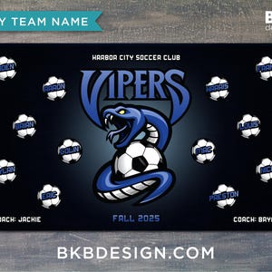 May include: A rectangular poster for the Harbor City Soccer Club Vipers featuring a central blue snake coiled around a soccer ball. The design includes twelve soccer ball icons with player names, the text Fall 2025, and coach names.