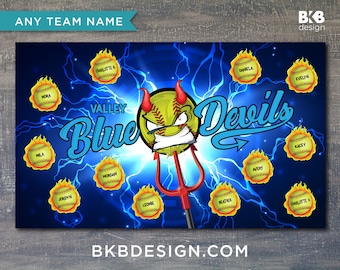 May include: A blue and yellow softball team banner with the words "Valley Blue Devils" and a cartoon softball with horns and a devilish expression. The banner features the names of the team members on individual softball images.