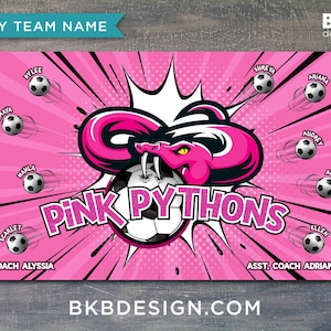 May include: Pink graphic design featuring a snake and soccer ball, with the text "PINK PYTHONS". Includes team member names and coach information. The background is pink with black lines and white bursts.