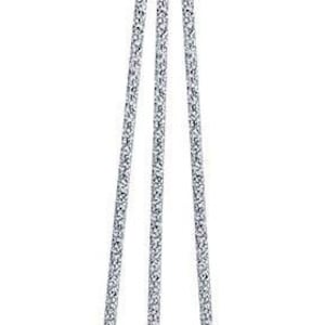 May include: Three silver chains hanging straight down. The chains are made of small, linked metal pieces.