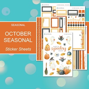 May include: A collection of October-themed sticker sheets with an orange and teal background. The stickers feature pumpkins, ghosts, bats, and the words "ready for spooky season" and "weekend". The text "October Seasonal" is also visible.
