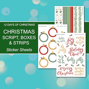 May include: Three sticker sheets featuring 12 Days of Christmas designs. One sheet has red, green, and gold ornament frames. Another has holiday script phrases like "joy" and "merry & bright." The third has patterned strips and holly motifs.
