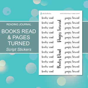May include: A sheet of white sticker paper with black script text. The text reads "Books Read" and "Pages Turned". There are 10 stickers of each phrase.