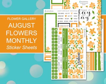 AUGUST FLOWERS MONTHLY Sticker Sheets | Flower Gallery Collection | Planner Stickers | Happy Planner, Journals, Planners, Scrapbook