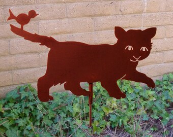 Free-Ride Kitty Cat, Garden Stake, Pet Memorial, Ornament, Steel Yard Art, Rustic