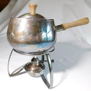 Fondue pot burner & stand set International Silver plated wood handles