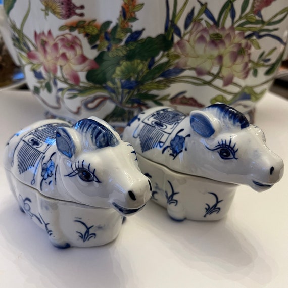 Vintage Blue and White Ceramic Horse Gzhel Trinke… - image 1