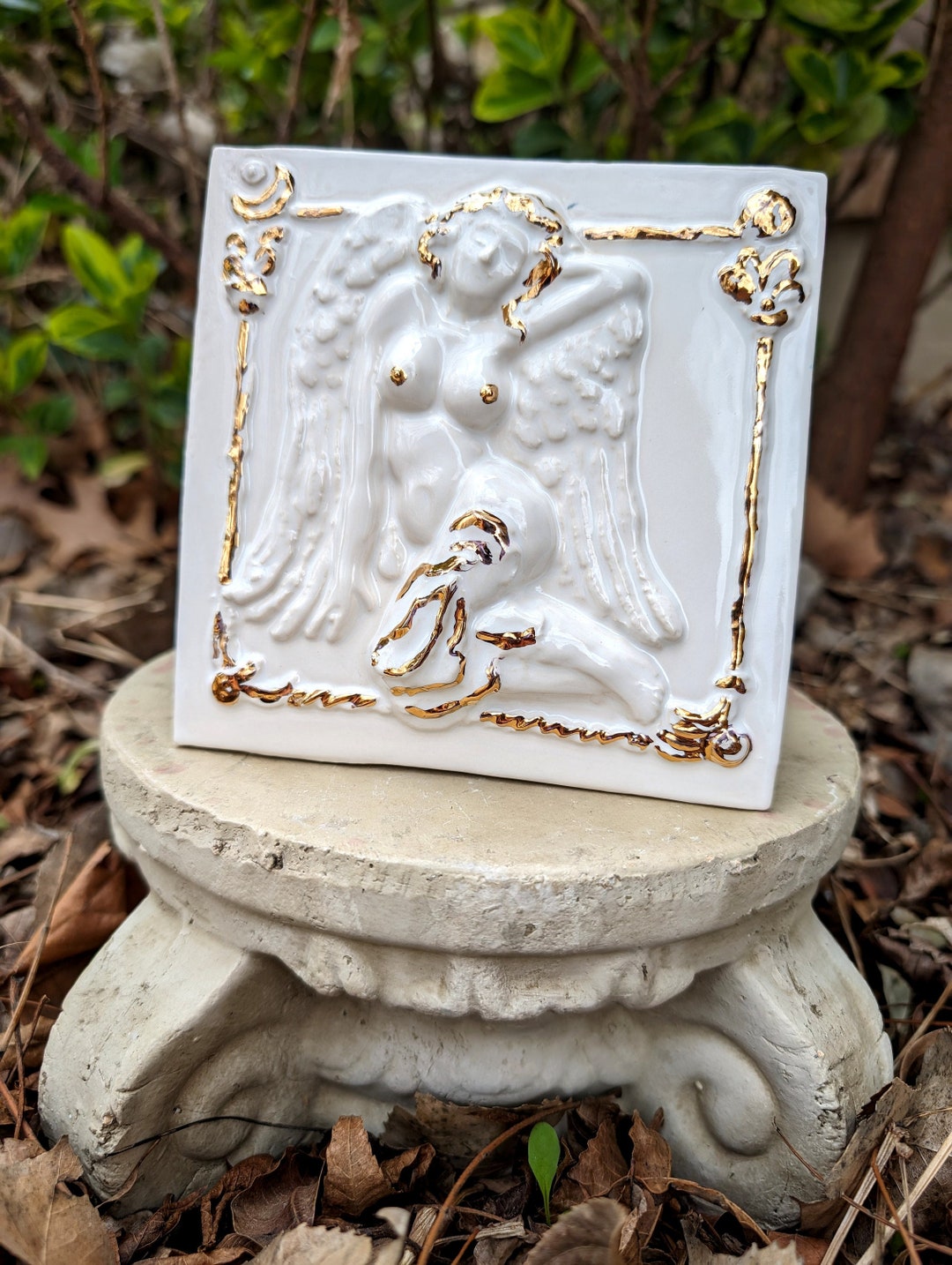 Handmade Nude Ceramic Sculpture Tile, Wall Décor, Angelic Goddess, Naked Lady, Real Gold, Spa
