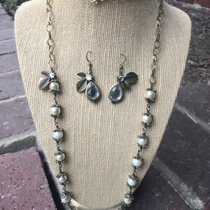 Vintage inspired Pearl and Antique Bronze Necklace & Earring Set