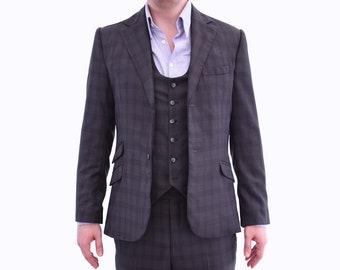 Grey Glen Check Three Piece Suit Super 180s Wool Full Line Slim Silhouette Blazer Vest 5 Pocket Trousers Independent Designer Bespoke Custom