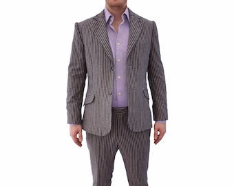 Grey Linen Herringbone Two Piece Suit Blend of Cotton Partial Lining Thin Silhouette Blazer Trousers Independent Designer Bespoke Custom Fit