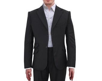 Black Shadow Self Stripe Two Piece Suit Blazer Pants Super 130s Wool Cashmere Blend Line Independent Designer Bespoke Custom Men's Plus Size
