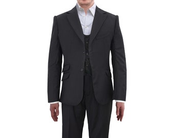 Black Shadow Stripe Three Piece Suit Super 130s Full Lined Trim Cut 6 Pocket Blazer Independent Designer Bespoke Custom Set Available Sizes