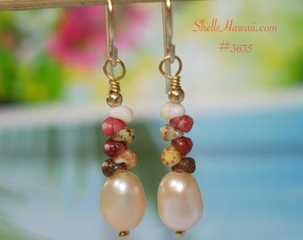 3/4" Dainty Hawaiian Shell Earrings Organic Pattern with Freshwater Pearls #3635