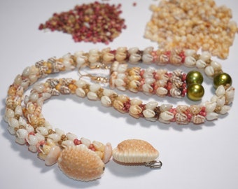 18 3/4" Hawaiian Shell Necklace & Earrings – Kipona Style with Green Pistachio Tahitian Pearls #1022