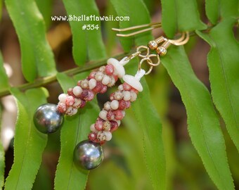 1 1/4" Kahelelani two strand twisted & Tahitian pearl earrings   #554