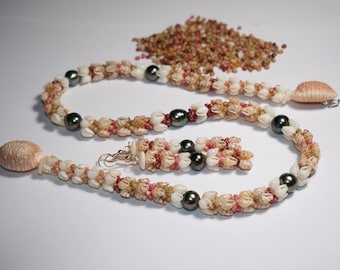 Niihau Shell Lei and Earrings Set, Kahelelani Momi, Tahitian Pearl, Hawaii