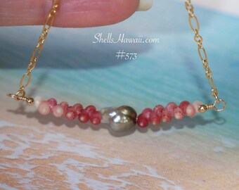16 1/4" Ombre Pink Niʻihau Shell Necklace with Keshi-Style Pearl #573