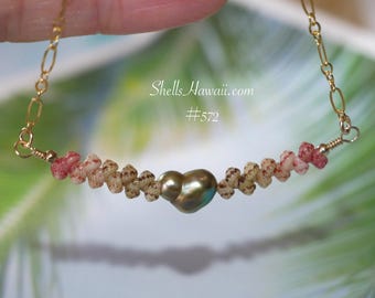 16 1/2" Floating Kahelelani Shell Necklace with Keshi-Style Pearl #572