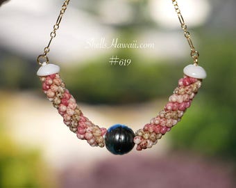 18" Triple Strand Poepoe Kahelelani Shell Necklace with Tahitian Pearl #619