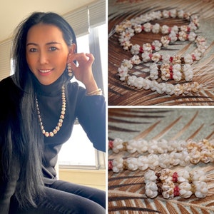 26” Crown Flower Style Niʻihau Shell Lei,  Earrings Set — Momi & Rare Kahelelani Shells #920