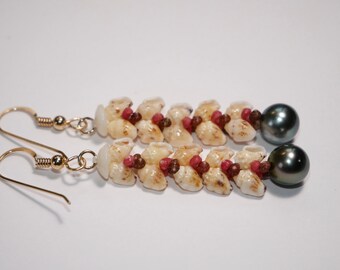 1 3/4” Momi lenalena , red and almost black kahelelani & Tahitian pearl earrings/ Niihau shell earrings #2024