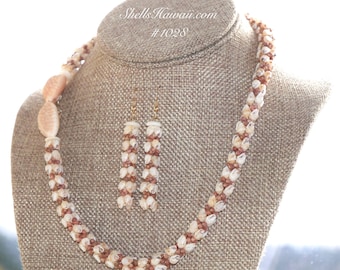 19 3/4" Momi & Kahelelani Shell Lei and Earring Set – Four-Strand Kipona Style #1028