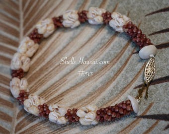 8 3/8" Hawaiian Shell Bracelet – Yellow Momi and Burgundy Kahelelani Shells #513