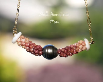 17" Triple Strand Poepoe Kahelelani Shell Necklace with Tahitian Pearl from Kauaʻi #618