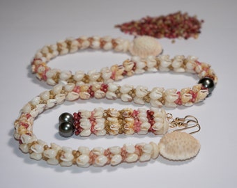 19 3/4" Niʻihau Shell Lei & Earrings Set – Kipona Style with Tahitian Pearls #1027