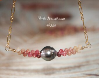 17" Ombre Kahelelani Shell Necklace with Tahitian Pearl #580