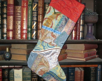 Crazy quilt Christmas stocking - Hand embroidered and quilted