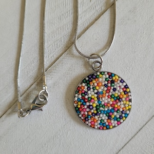 Sprinkle Resin Necklace: Handmade Colorful Pendant, 18in Chain