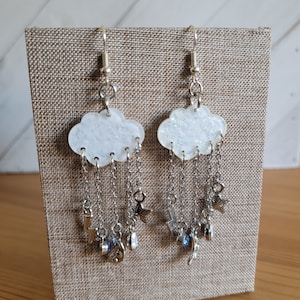White Cloud Dangle Earrings with Silver Lightning, Star, Moon Accent Charms